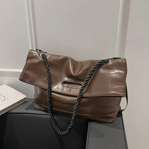 Damen Große Kapazität PU Leder Tote Bag Minimalistische Pendler Schultertasche Mit Seilgurt Retro Flap Handtasche Täglich Umhängetasche