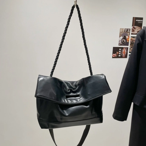 Damen Große Kapazität PU Leder Tote Bag Minimalistische Pendler Schultertasche Mit Seilgurt Retro Flap Handtasche Täglich Umhängetasche