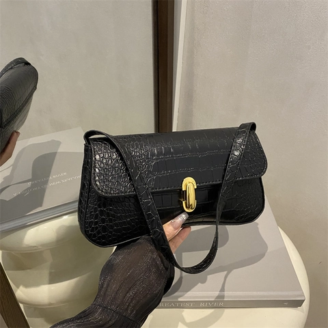 Damen Krokodilmuster PU Leder Achseltasche Retro Kleine Quadratische Schultertasche Mit Metallschloss Casual Baguette Tasche