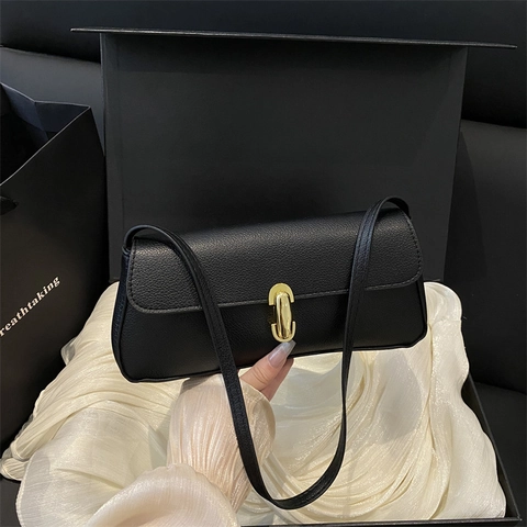 Borsa Sottobraccio in Pelle PU Vintage per Donna Grande Capacità Semplice Borsa a Tracolla Quadrata Con Chiusura Dorata Moda
