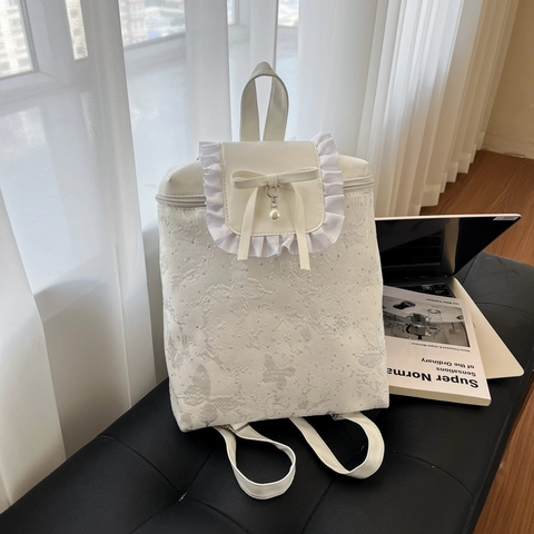 Women Sweet Butterfly Embroidery Bow Ruffle Backpack Large Capacity School Bag Girls With Artificial Pearl Pendant Daily
