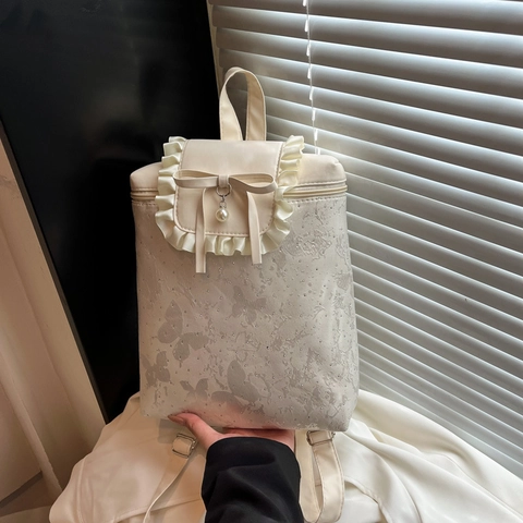 Women Sweet Butterfly Embroidery Bow Ruffle Backpack Large Capacity School Bag Girls With Artificial Pearl Pendant Daily