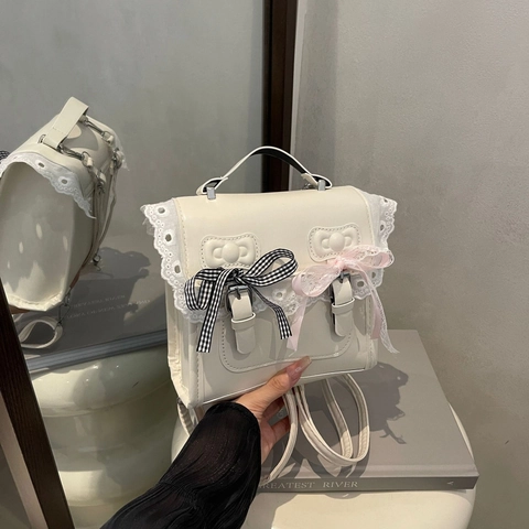 Mochila Pequeña de Cuero PU de Estilo Dulce Lolita para Mujer Decoración de Borde de Encaje Lazo Mochila Escolar de Moda Bolso de Hombro