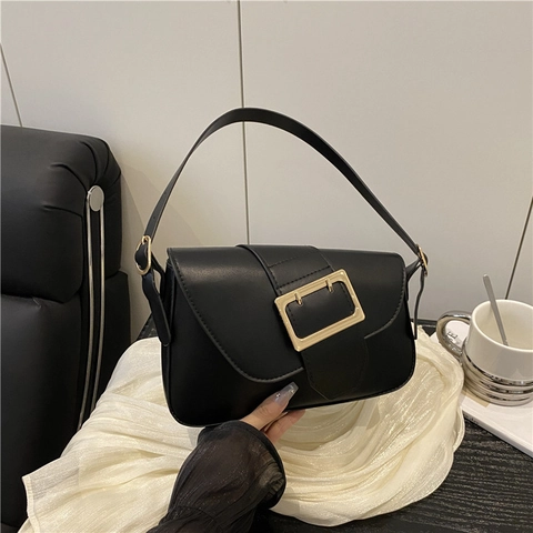 Bolso de Axila de Cuero PU Minimalista para Mujer Bolso de Hombro con Hebilla Metálica Grande Color Sólido Casual