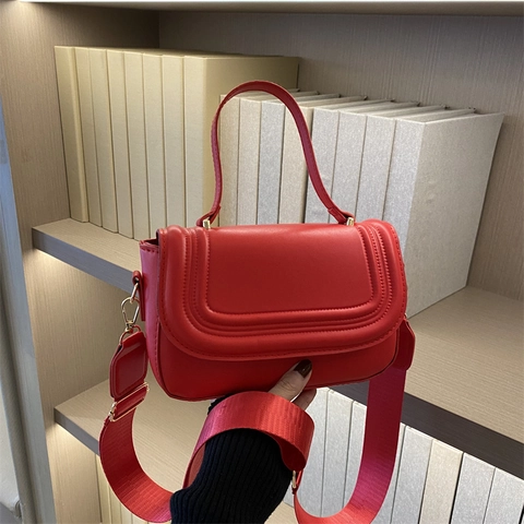 Borsa a Spalla Quadrata in Pelle PU Minimalista Urbana da Donna Borsa a Tracolla alla Moda con Patta e Tracolla Larga in Tessuto