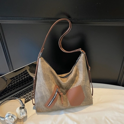 Γυναικεία Μεγάλη Τσάντα Ώμου PU Tote Ρετρό Casual Street Trend Τσάντα Hobo Με Ραφές Αντίθεσης Distressed Τσάντα Χειρός για Καθημερινή Μετακίνηση
