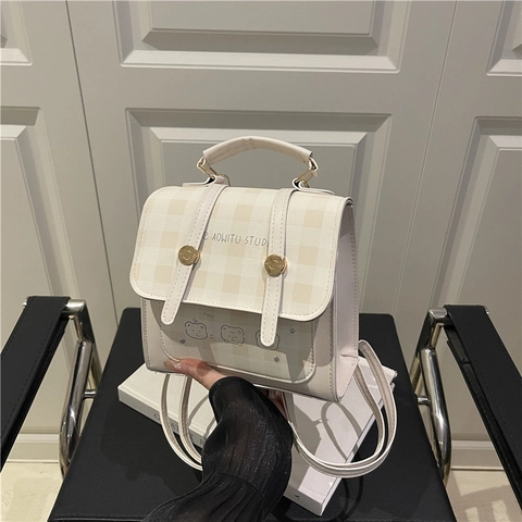 Zaino da Donna a Quadri alla Moda di Grande Capacità in Pelle PU Borsa da Viaggio per Studentesse con Ciondolo a Orso