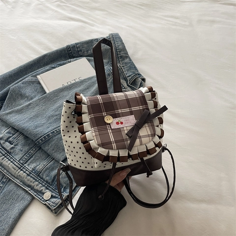 Vintage Kariert Stern Druck Mini Rucksack Für Damen Süß Japanischen Stil Leinwand Schleife Rüschen Kleine Mode Tagesrucksack Tasche