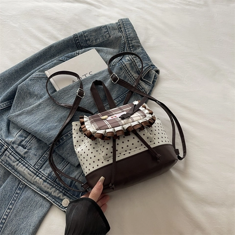 Vintage Kariert Stern Druck Mini Rucksack Für Damen Süß Japanischen Stil Leinwand Schleife Rüschen Kleine Mode Tagesrucksack Tasche