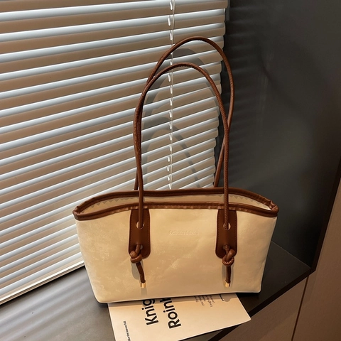Vintage Large Capacity PU Leather Tote Bag For Women Solid Color Simple Commuter Shoulder Bag Urban Minimalist Handbag