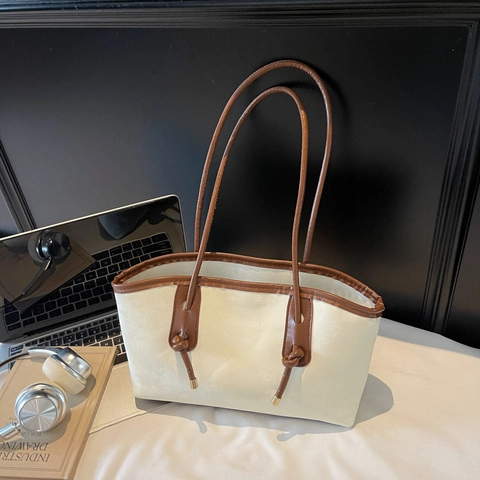 Vintage Large Capacity PU Leather Tote Bag For Women Solid Color Simple Commuter Shoulder Bag Urban Minimalist Handbag