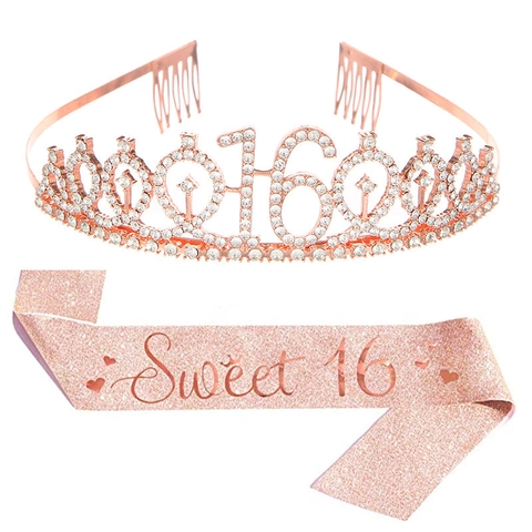 Set per Festa di 16 Anni con Tiara in Lega di Strass e Fascia in Raso Glitterato per Ragazze Celebrazione Accessori