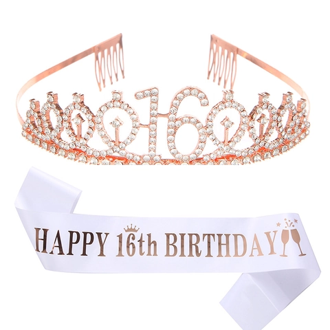 Decorazioni Per Il 16 Compleanno Per Ragazze Oro Rosa Lega Strass Tiara Corona E Fascia Di Raso Bianco Articoli Per Feste