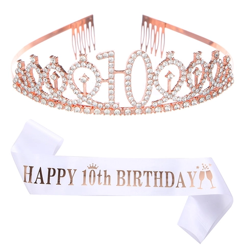 Corona Di Compleanno 10 Anni E Fascia Per Ragazze In Lega Con Strass Corona Da Principessa Con Fascia In Satin Decorazioni Per Feste