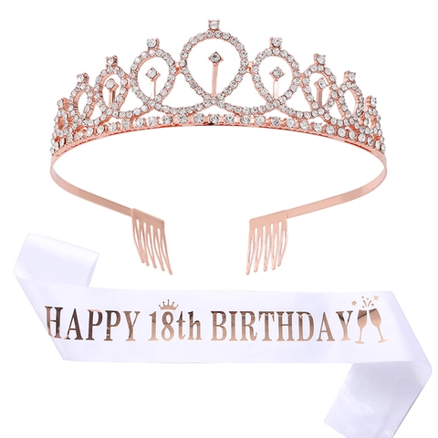 Geburtstagsfeier Deko Kit Roségold Legierung Strass Tiara Krone Und Happy Birthday Satin Schärpe Für Damen Party Schmuck