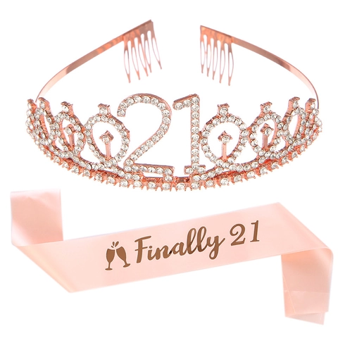 Set Regina del 21 Compleanno Finalmente Corona di Strass Oro Rosa e Fascia di Raso per Decorazioni Festa Donna Compleanno