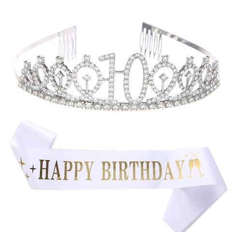 Corona Di Compleanno 10 Anni E Fascia Per Ragazze In Lega Con Strass Corona Da Principessa Con Fascia In Satin Decorazioni Per Feste