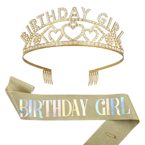 Set Fascia Glitterata E Tiara Con Strass Birthday Girl Corona A Cuore In Lega Di Zinco Per Festa Di Compleanno