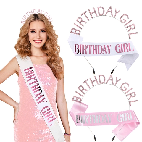 Elegant Birthday Girl Rhinestone Tiara And Sash Set Alloy Pink Glitter Crown Headband Satin Etiquette Belt Birthday Decorations For Women