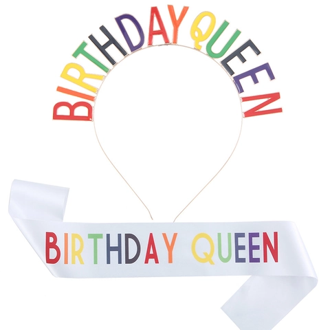 Set Cerchietto e Fascia Birthday Queen Arcobaleno per Donna Decorazioni per Feste di Compleanno Diadema in Lega di Zinco Fascia in Raso
