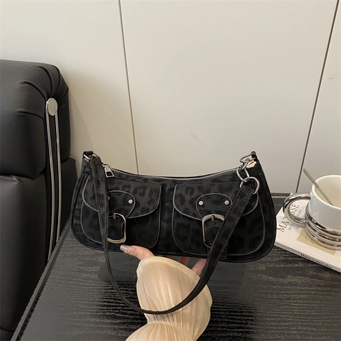Bolso de Axila Vintage de Cuero PU Color Sólido Doble Bolsillo para Mujer Bolso de Hombro Baguette Casual Retro