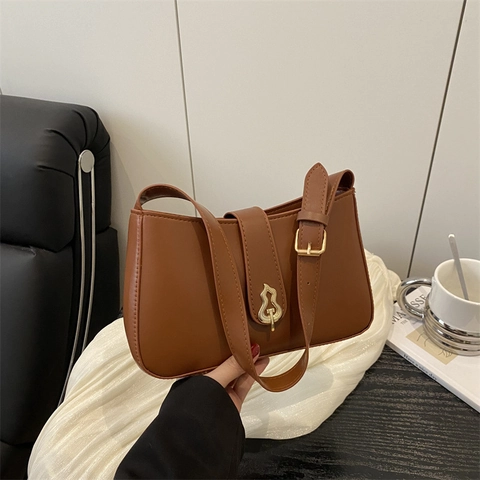 Bolso de Axila de Cuero PU Minimalista para Mujer Bolso de Hombro de Color Sólido Con Hebilla de Metal de Calabaza Bolso Baguette de Moda