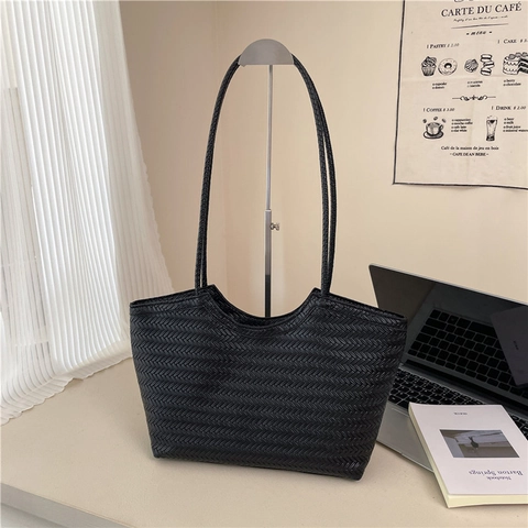 Sac Fourre-tout en Cuir PU à Motif Tissé Vintage pour Femmes Grande Capacité Minimaliste Style Français Sac à Épaule