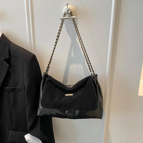 Women PU Leather Suede Patchwork Shoulder Bag Gold Chain Strap Flap Underarm Bag Minimalist Square Tote Daily Handbag