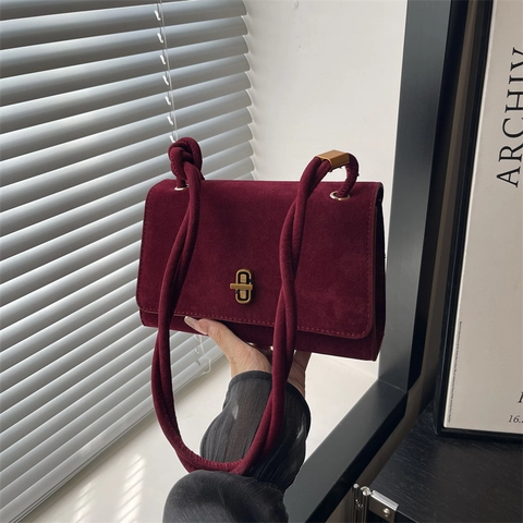 Damen Vintage Wildleder Umhängetasche Minimalistisch Matt Kunstleder Handtasche Mit Gold Metal Schloss Und Knoten Schultergurt