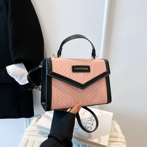 Dames Geweven PU Leer Schoudertas Contrastkleur Handtas Met Klep Grote Capaciteit Verfijnde Vierkante Crossbodytas Met Handvat