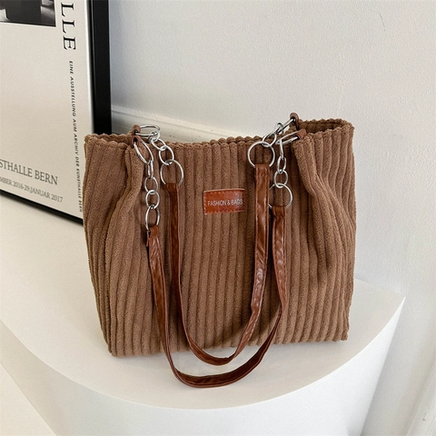 Bolso Tote de Pana para Mujer Estilo Coreano Urbano Simple Color Sólido Gran Capacidad Bolso de Hombro Con Correa de Cadena Metálica