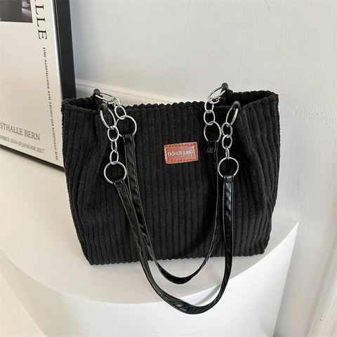 Bolso Tote de Pana para Mujer Estilo Coreano Urbano Simple Color Sólido Gran Capacidad Bolso de Hombro Con Correa de Cadena Metálica