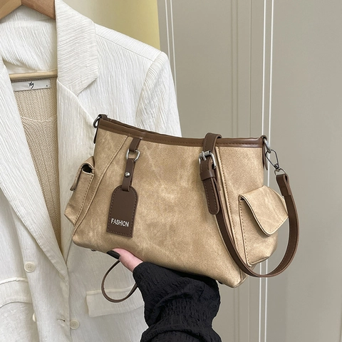 Bolso de Hombro de Piel PU de Gran Capacidad para Mujer Minimalista Urbano de Color Sólido Bolso Cruzado para el Traslado Diario