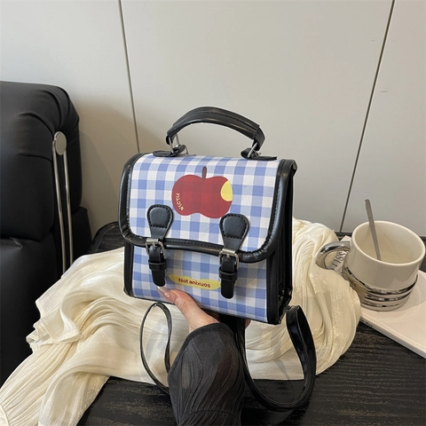 Zainetto Mini a Quadretti Gingham per Donna Ragazze Stampa Mela Rossa Piccola Borsa a Mano Finiture in Pelle PU Zaino Casual