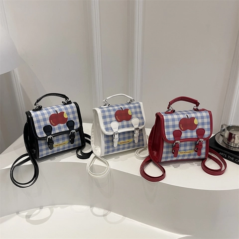 Damen Mode Gingham Apfel Druck Mini Rucksack Lässig PU Leder Kleine Quadratische Tasche Mädchen Süße Schultertasche