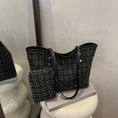 Mode Karo Tweed Tragetasche Set Damen Große Kapazität Umhängetasche Mit Tasche Elegante Gewebte Karo Tasche Für Den Alltag