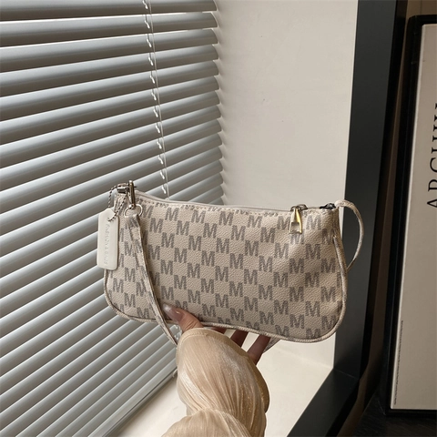Borsa Sottobraccio da Donna in Pelle PU di Moda Stampa Monogramma Lettera M Vintage Borsa a Tracolla Casual Grande Capacità