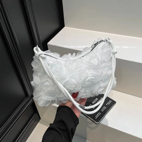 Bolso de Axila Romántico con Encaje de Flores 3D para Mujer Bolso de Hombro de Nailon Elegante Rosa para Boda Fiesta