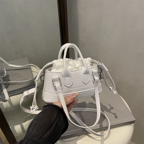 Élégant Sac à Main en Cuir PU Motif Crocodile Femmes Vintage Cordon Tote Sac à Bandoulière Sacoche de Navettage