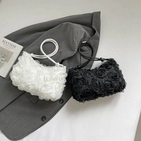 Bolso de Hombro Elegante con Rosa 3D para Mujer Moda Tela Bolso de Axila Casual Chic Bolso para Fiesta de Boda