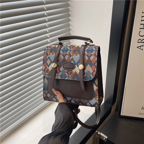 Damen Vintage Geometrischer Gewebter Rucksack PU Leder Patchwork Preppy Stil Kleiner Rucksack Lässige Schultertasche Mode Handtasche
