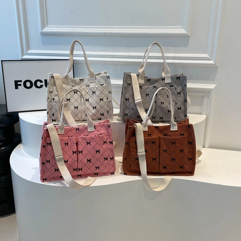 Sac Cabas en Velours Côtelé pour Femmes Imprimé Nœuds et Losanges Grande Capacité Sac à Main Décontracté Bandoulière Réglable