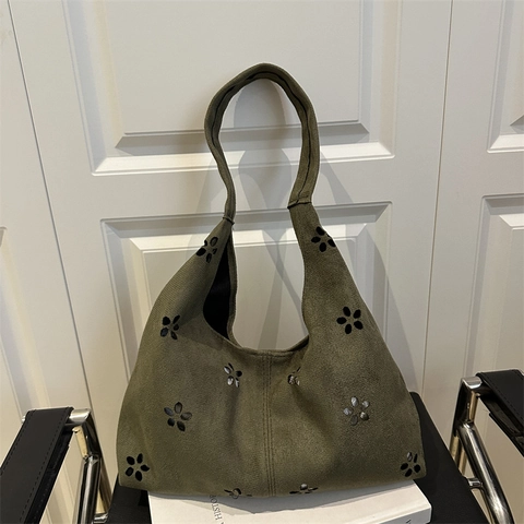 Large Capacity Suede Nylon Tote Bag Vintage Laser Cut Floral Shoulder Bag For Women Retro Casual Commute Handbag