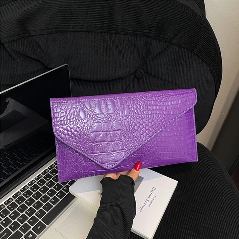Women Crocodile Pattern PU Leather Envelope Clutch Bag Large Capacity Metallic Glossy Fashion Evening Party Handbag Purse