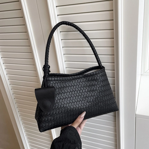 Women Luxury Woven PU Leather Shoulder Bag Set Urban Simple Baguette Armpit Handbag Commuter Mother Child Bag 2PCS Set