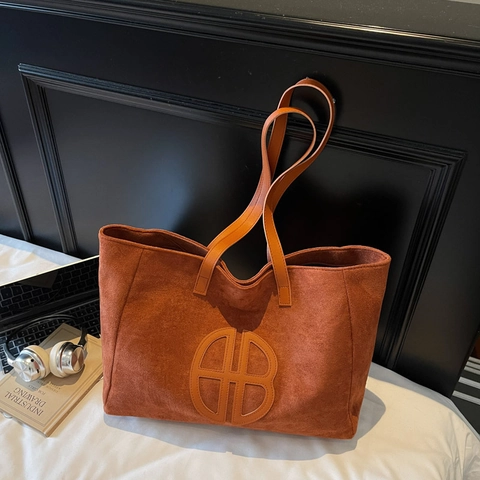 Women Large Capacity Suede Nylon Tote Bag Vintage Minimalist Solid Color Casual Shoulder Bag Retro Commute Fashion Handbag