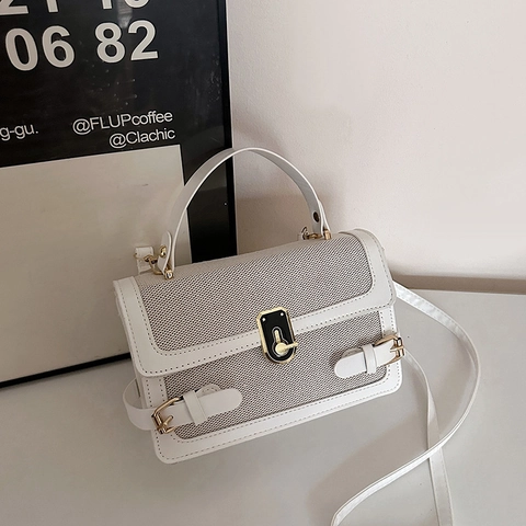 Mode Vrouwen Patchwork Kleine Vierkante Tas PU Leer Canvas Crossbody Schoudertas Met Metalen Slot Handvat Retro Messenger Bag