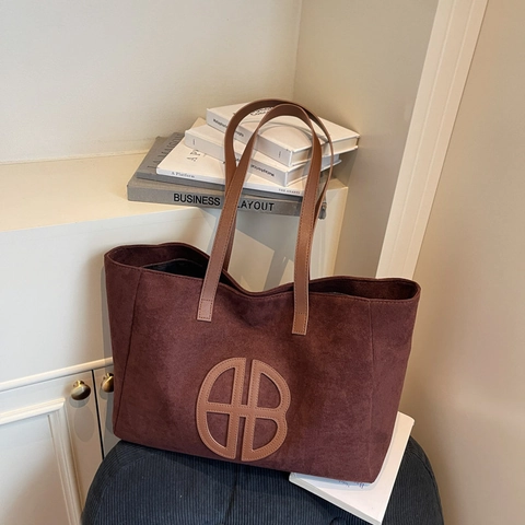 Women Large Capacity Suede Nylon Tote Bag Vintage Minimalist Solid Color Casual Shoulder Bag Retro Commute Fashion Handbag