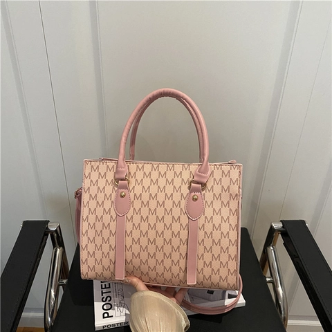 Bolso Tote de Cuero PU Con Estampado de Letras Monograma M Retro Gran Capacidad Bolso de Hombro para Mujer Oficina Diario