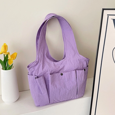 Bolso de Mano de Nailon Plisado Grande para Mujer Casual Color Sólido Multi Bolsillo Bolso de Hombro Suave Bolso de Viaje
